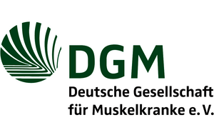 Grünes rundes Logo mit weißen Linien, daneben der Schriftzug 'DGM Deutsche Gesellschaft für Muskelkranke e. V.'