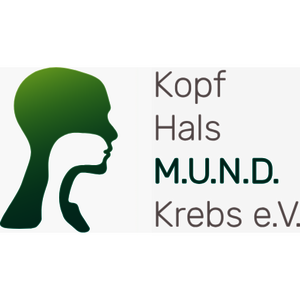 Grün verlaufende Silhouette eines Kopfes und Halses neben dem Text 'Kopf Hals M.U.N.D. Krebs e.V.'