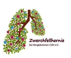 Lungenform aus braunen Ästen mit grünen Blättern und rosa sowie blauen Blüten, darunter Schrift 'Zwerchfellhernie bei Neugeborenen-CDH e.V.'