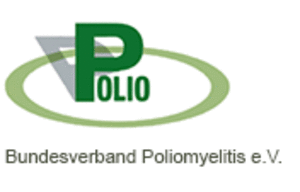 Logo des Bundesverbands Poliomyelitis e. V. mit großem grünem Buchstaben 'P', grünem Oval und grauem Dreieck im Hintergrund, darunter Schriftzug 'Bundesverband Poliomyelitis e. V.'