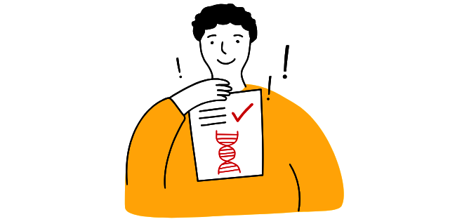 Die ACHSE unterstützt Menschen dabei, die richtige Diagnose zu erhalten. Person hält ein Blatt mit rotem DNA-Strang und rotem Häkchen vor gelbem Hintergrund