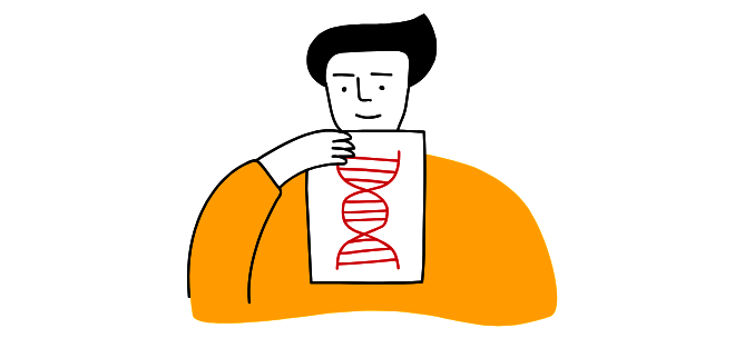 Die ACHSE sorgt für mehr Aufmerksamkeit und Wissen für Seltene Erkrankungen. Person hält ein Blatt mit einer roten DNA-Doppelhelix vor sich