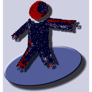 Abstrakte Figur aus roten und blauen Segmenten mit ausgestrecktem rechten Arm auf ovaler Fläche.