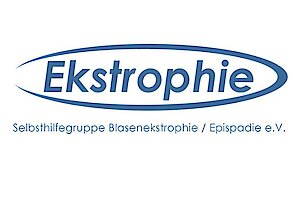 Blaues Logo mit dem Schriftzug 'Ekstrophie' in einer Ellipse, darunter Text 'Selbsthilfegruppe Blasenekstrophie / Epispadie e.V.'