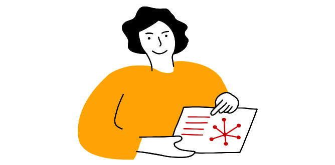 Person mit gelbem Oberteil hält ein Blatt mit rotem Netzdiagramm und rotem Text
