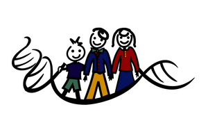 Drei stilisierte Figuren – ein Kind, ein Mann und eine Frau – stehen auf einer geschwungenen DNA-Doppelhelix und halten sich an den Händen