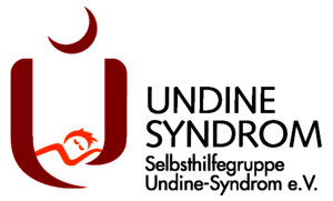 Rotes stilisiertes U mit orangefarbenem stilisiertem Kind und rotem Halbmond darüber, daneben Text 'UNDINE SYNDROM Selbsthilfegruppe Undine-Syndrom e.V.'
