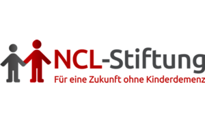 Logo der NCL-Stiftung mit zwei stilisierten Figuren, eine rot, eine grau, beide mit Mützen, daneben der Text 'NCL-Stiftung Für eine Zukunft ohne Kinderdemenz'.