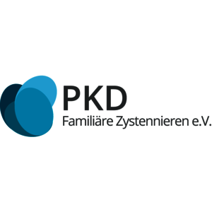 Logo mit drei überlappenden, unterschiedlich blauen, organisch geformten Flächen links und dem Text 'PKD Familiäre Zystennieren e.V.' rechts in Grau.