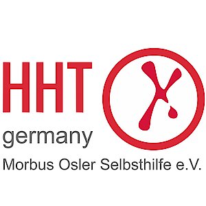 Logo der HHT Germany Morbus Osler Selbsthilfe e.V. Links steht in großen roten Buchstaben „HHT“, darunter in grauer Schrift „germany“ und „Morbus Osler Selbsthilfe e.V.“. Rechts befindet sich ein roter Kreis mit einer stilisierten Darstellung eines Chromosoms, das wie ein X aussieht und an einem Ende einen Bluttropfen zeigt.