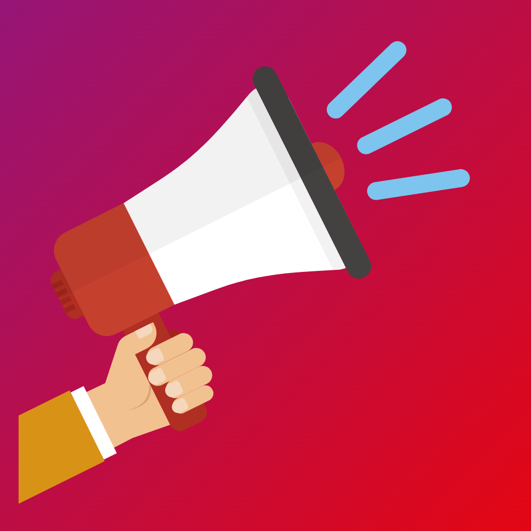 Grafik eines Megafons, das von einer Hand gehalten wird, vor einem roten bis violetten Farbverlauf. Blaue Linien symbolisieren Schallwellen, die aus dem Megafon kommen.
