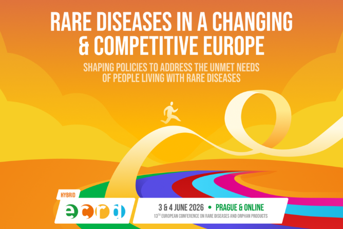 Grafik mit einem stilisierten gelben Band, das sich zu einer Schleife formt, und einer kleinen laufenden Figur auf dem Band vor einem orangefarbenen Hintergrund