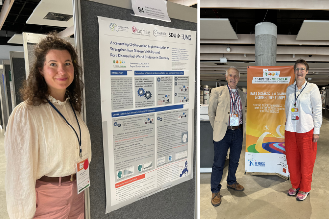 Links: Bianca Paslak-Leptien mit dem deutschen Beitrag zur Postersession; rechts: Dr. Wiebke Papenthin mit Graham Slater Frau mit lockigem Haar steht neben wissenschaftlichem Poster mit Text und Grafiken, zwei Personen stehen vor farbigem Roll-up mit Text und Logos in Konferenzumgebung