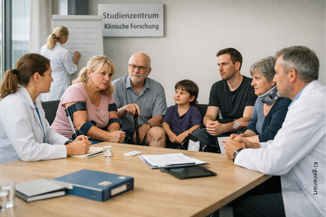 Gruppe von Menschen unterschiedlichen Alters sitzt an einem Tisch in einem Besprechungsraum mit Schild 'Studienzentrum Klinische Forschung' an der Wand