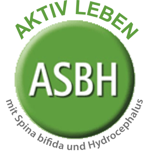 Grüner Kreis mit weißer Schrift 'ASBH' in der Mitte, darüber grüner Text 'AKTIV LEBEN', darunter grauer Text 'mit Spina bifida und Hydrocephalus'.