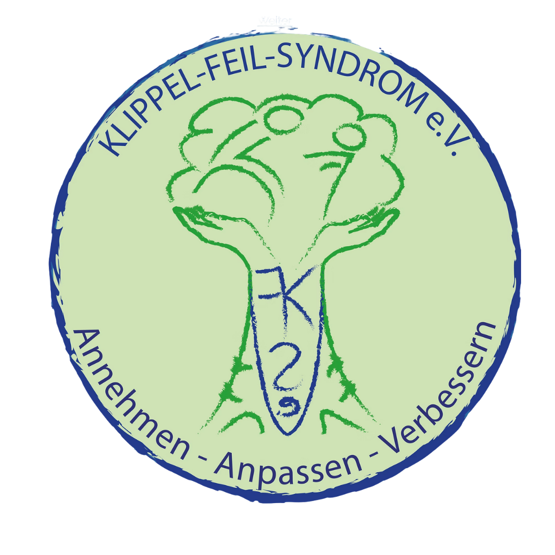 Rundes Logo mit grünem Baum in der Mitte, blauer Umrandung und Text 'KLIPPEL-FEIL-SYNDROM e.V.' oben, 'Annehmen - Anpassen - Verbessern' unten.