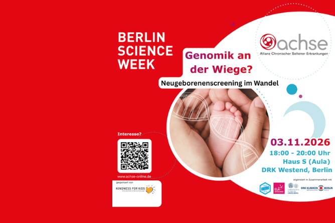 Flyer zur Berlin Science Week mit dem Thema Genomik an der Wiege und Neugeborenenscreening im Wandel, zeigt Hände, die einen Babyfuß halten, und enthält Veranstaltungsdetails für den 03.11.2026 in Berlin.