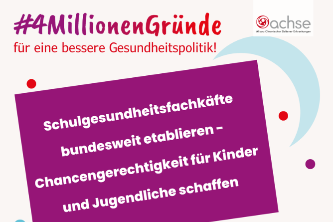 Textbanner mit der Aufschrift '#4MillionenGründe für eine bessere Gesundheitspolitik! schulgesundheitsfachkräfte bundesweit etablieren – Chancengerechtigkeit für Kinder und Jugendliche schaffen'