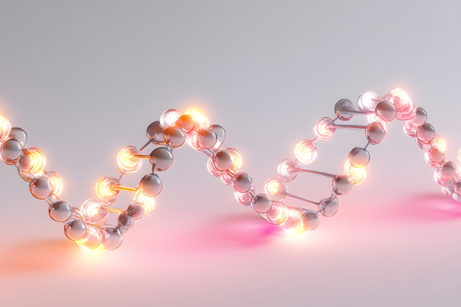 Doppelhelix aus leuchtenden Kugeln und Stäben auf hellem Untergrund