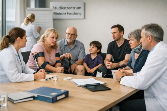 Gruppe von Menschen unterschiedlichen Alters sitzt an einem Tisch in einem Besprechungsraum mit Schild 'Studienzentrum Klinische Forschung' an der Wand