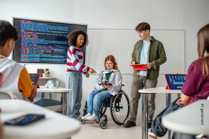 Drei junge Menschen, eine im Rollstuhl, zeigen in einem Klassenraum mit Computern und großem Bildschirm mit Programmiercode eine technische Konstruktion