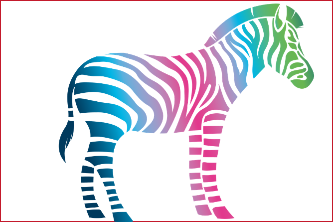 Zebra mit gestreiftem Körper in Cyan, Magenta und Grün