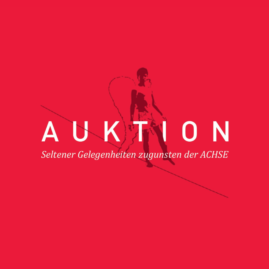 Roter Hintergrund mit dem Text 'AUKTION' in großen, weißen Buchstaben. Darunter steht in kleineren Buchstaben 'Seltener Gelegenheiten zugunsten der ACHSE'. Im Hintergrund ist ein stilisierter Engel zu sehen, der auf einem Seil balanciert.