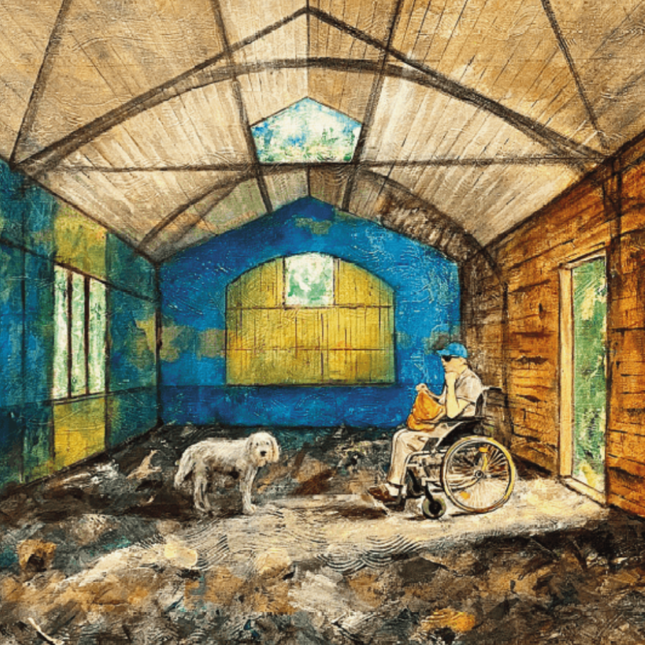 Eine künstlerische Darstellung eines großen Raumes mit hohen Decken und farbenfrohen Wänden in Gelb, Blau und Grün. Auf der rechten Seite sitzt eine Person im Rollstuhl mit einem orangefarbenen Beutel auf dem Schoß, begleitet von einem weißen Hund, der in ihre Richtung schaut. Durch große Fenster und eine offene Tür fällt Licht in den Raum, was eine ruhige und nachdenkliche Atmosphäre schafft.