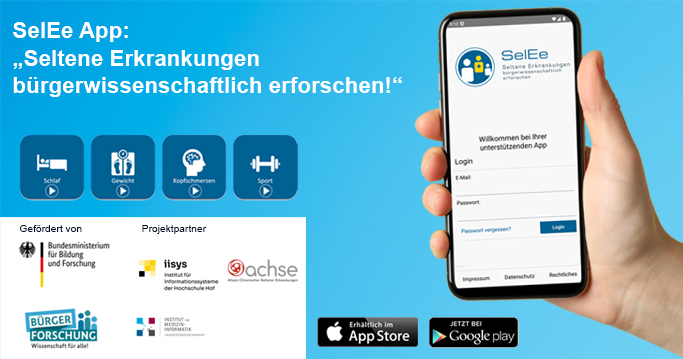 Blauer Hintergrund mit Smartphone und der SelEe App für Menschen mit Seltenen Erkrankungen